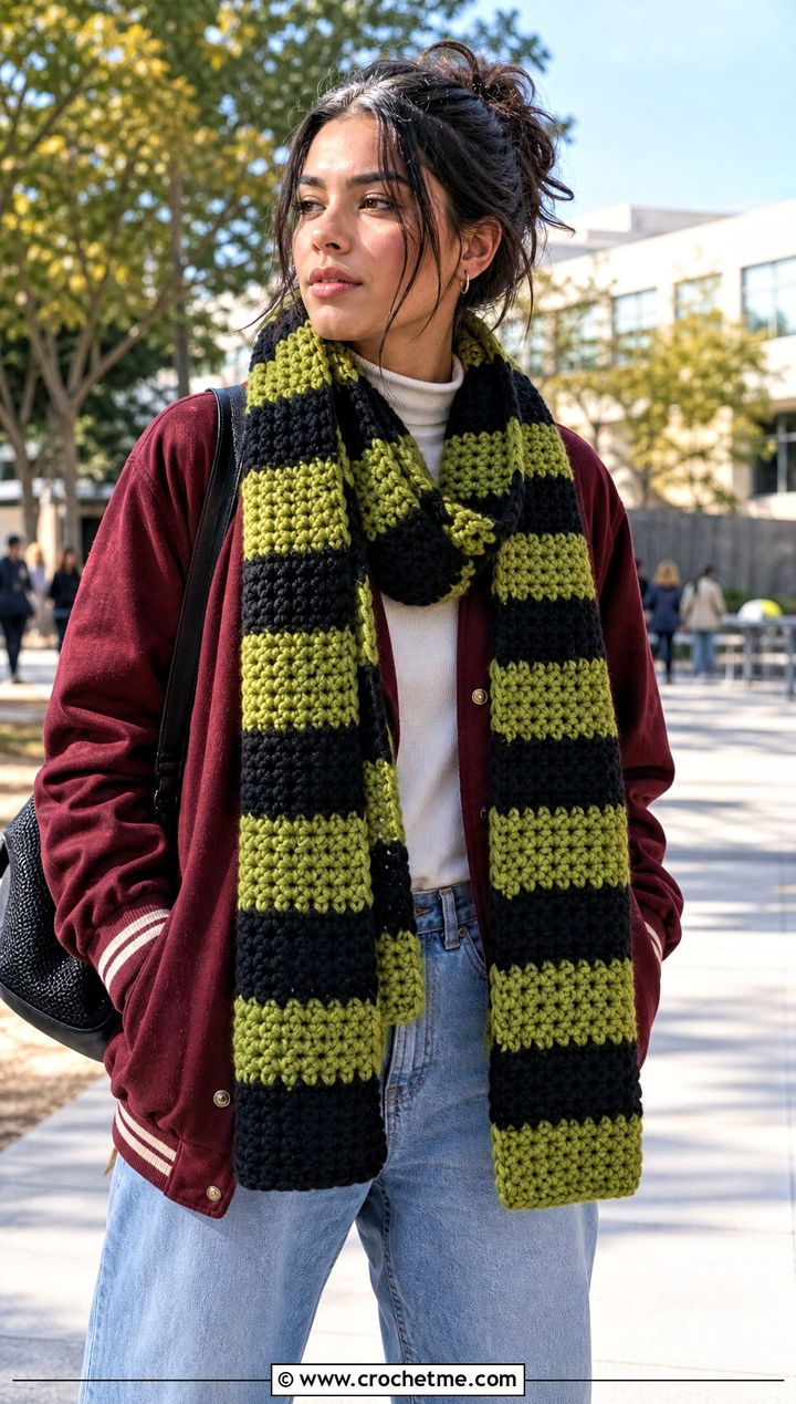 Bulky Checkerboard Crochet Scarf With Varsity Jacket - 30 bulky yarn crochet scarf outfit ideas