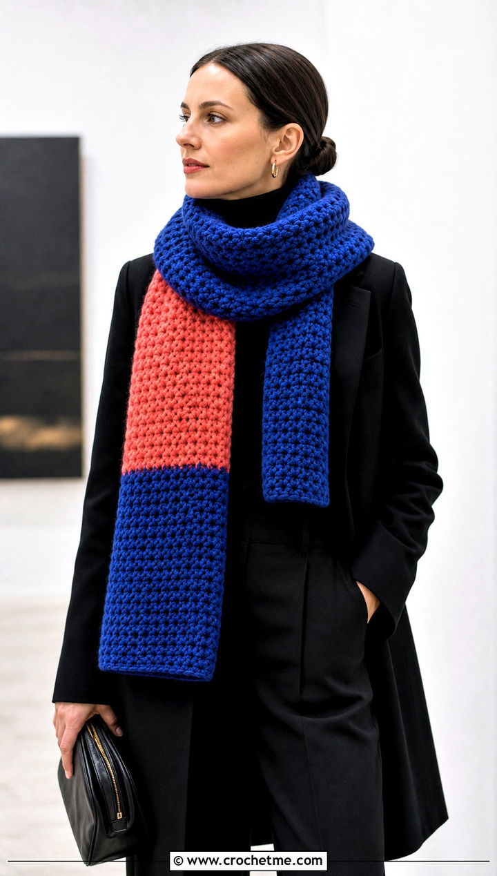 Bulky Color Block Crochet Scarf With Monochrome Outfit - 30 bulky yarn crochet scarf outfit ideas