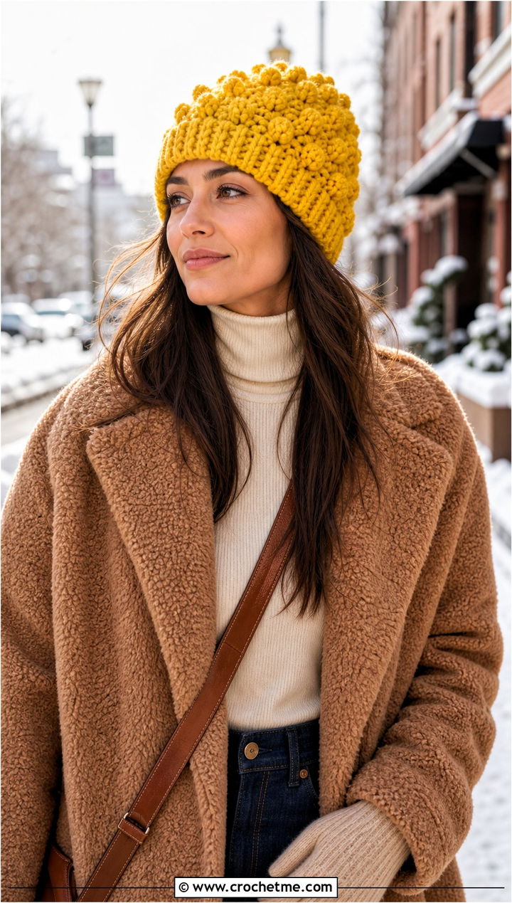 Bulky Crochet Bobble Stitch Hat With Teddy Coat - 15 Easy Bulky Crochet Hat outfit ideas