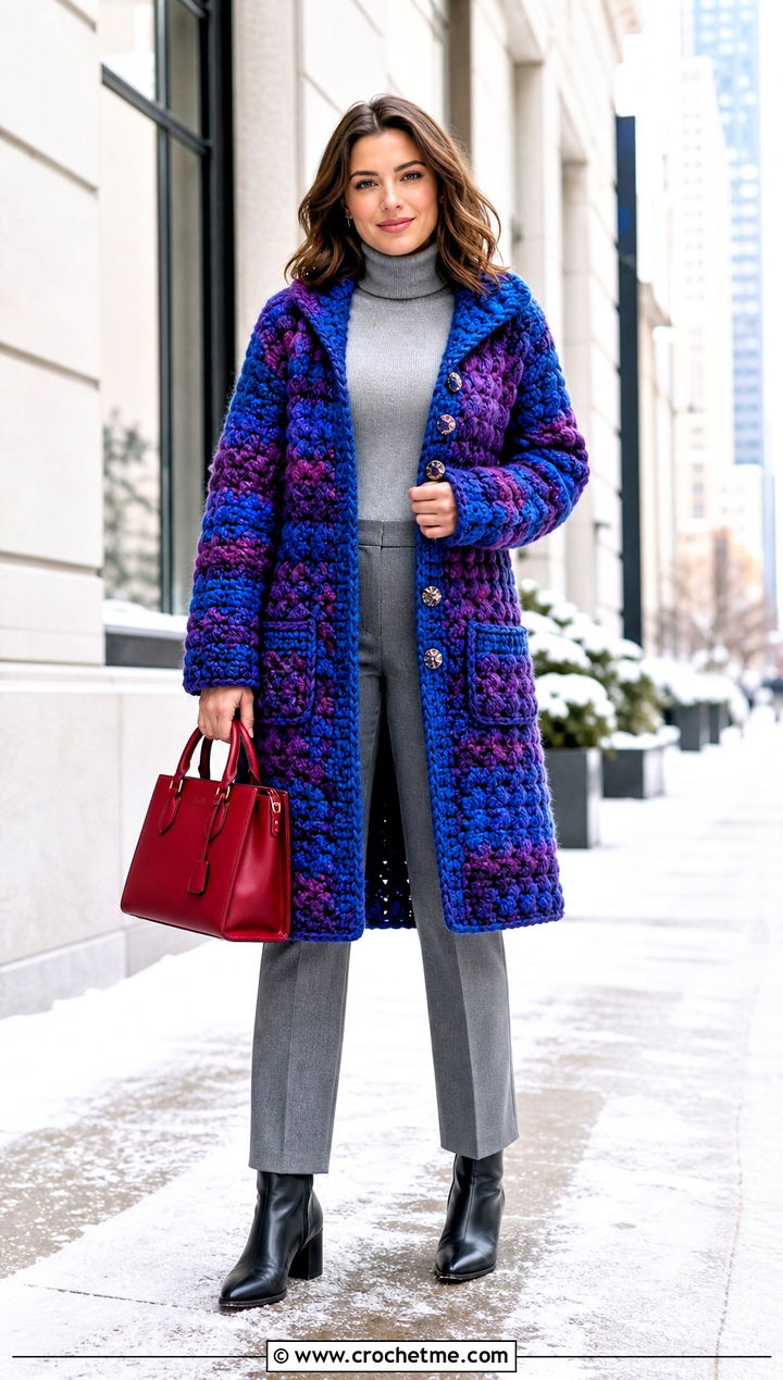 Bulky Crochet Coatigan With Monochrome Basics - 30 bulky yarn crochet sweater outfit ideas