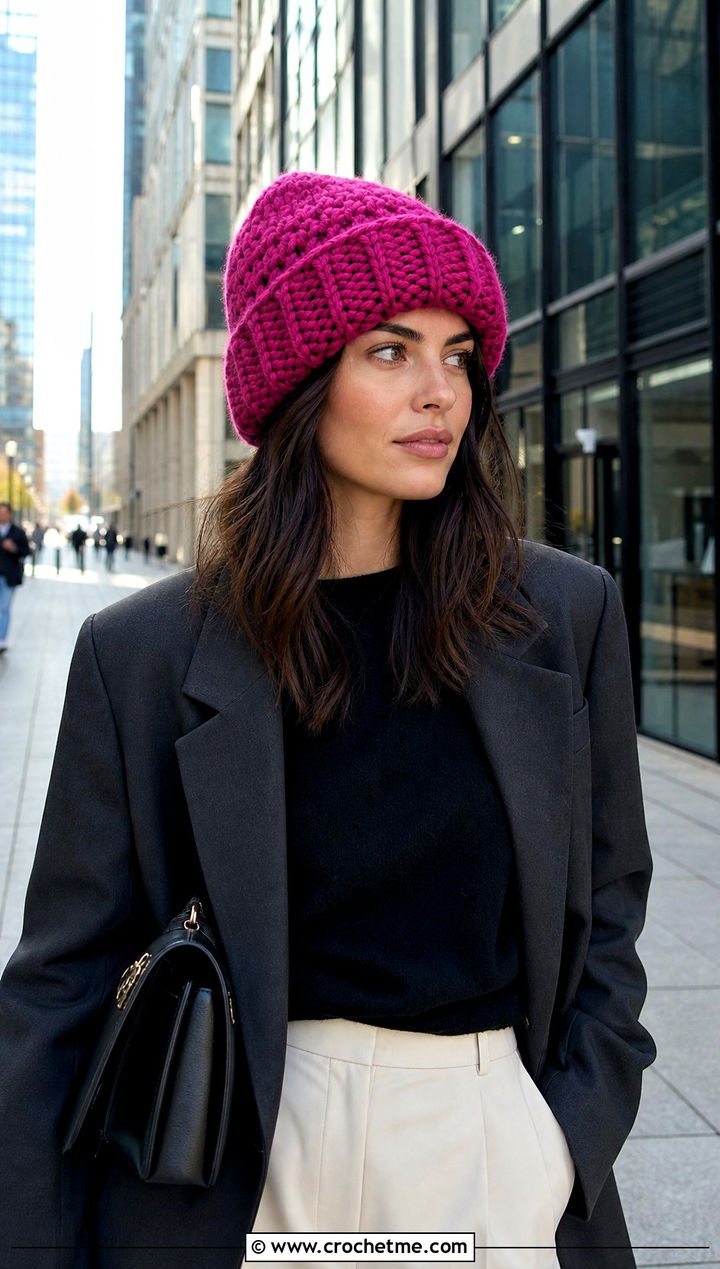 Bulky Crochet Fold Over Brim Beanie With Blazer - 15 Easy Bulky Crochet Hat outfit ideas