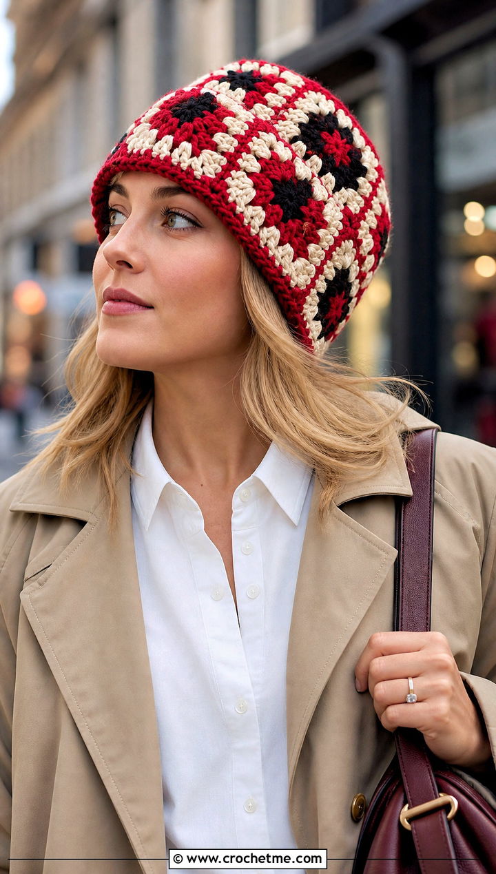 Bulky Crochet Granny Square Hat With Trench Coat - 15 Easy Bulky Crochet Hat outfit ideas