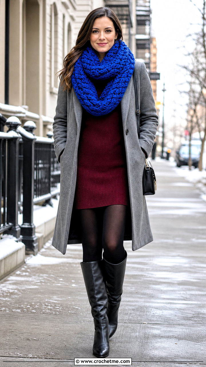 Bulky Crochet Infinity Scarf With Sweater Dress - 35 crochet infinity scarf outfit ideas