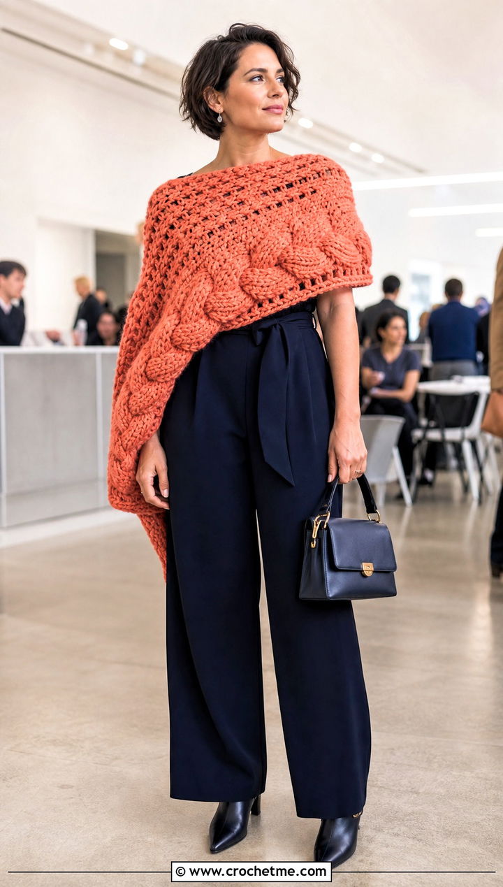 Bulky Crochet Katniss Wrap With Wide Leg Jumpsuit - 20 Crochet Katniss Shawl outfit ideas