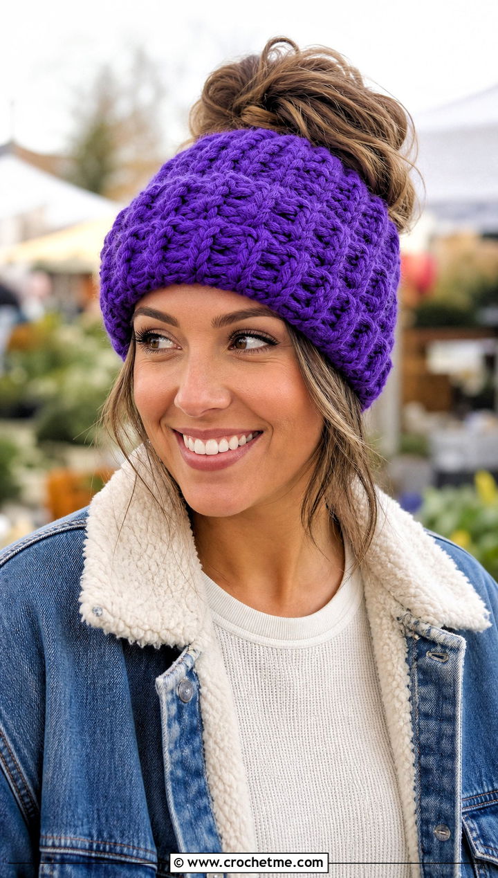Bulky Crochet Messy Bun Beanie With Denim Jacket - 15 Easy Bulky Crochet Hat outfit ideas