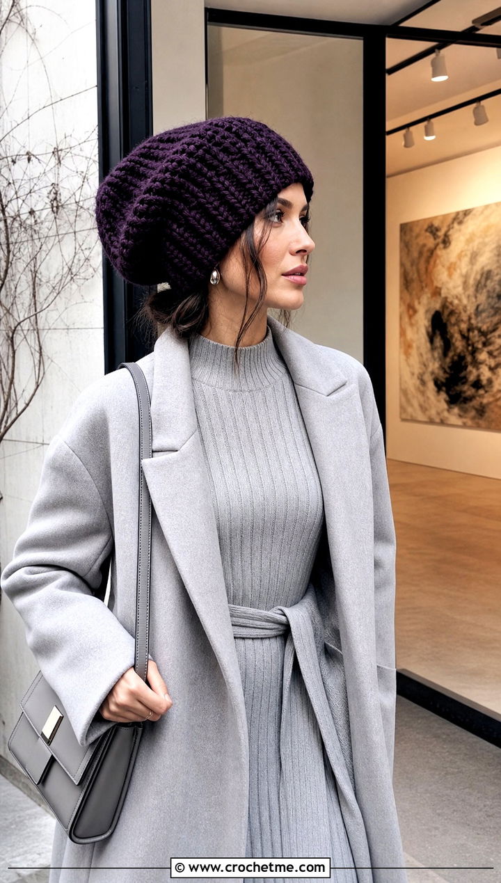 Bulky Crochet Oversized Toque With Sweater Dress - 15 Easy Bulky Crochet Hat outfit ideas