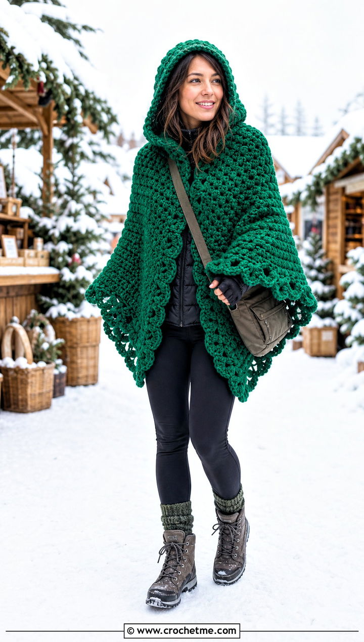 Bulky Crochet Poncho With Hood And Thermal Layers - 35 crochet poncho with hood outfit ideas
