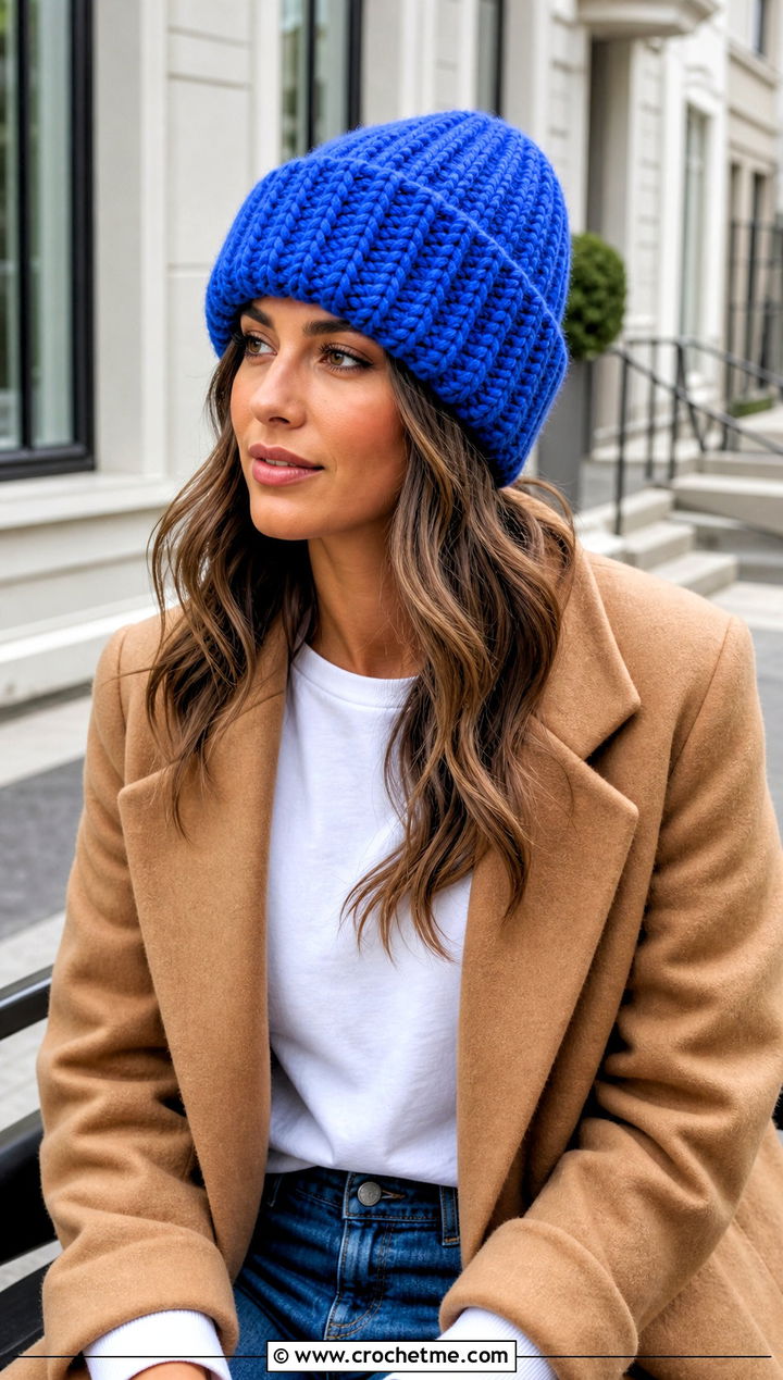 Bulky Crochet Ribbed Cuff Beanie With Straight Leg Jeans - 15 Easy Bulky Crochet Hat outfit ideas