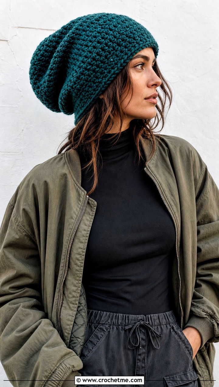 Bulky Crochet Slouchy Beanie With Cargo Pants - 15 Easy Bulky Crochet Hat outfit ideas