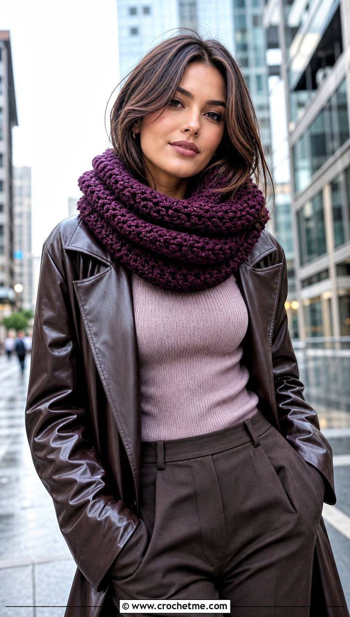 Bulky Crochet Snood With Faux Leather Coat - 30 bulky crochet scarf outfit ideas