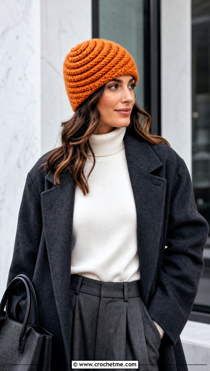 Bulky Crochet Spiral Stitch Hat With Tailored Trousers - 15 Easy Bulky Crochet Hat outfit ideas