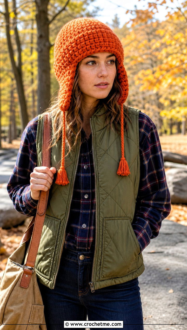 Bulky Crochet Trapper Hat With Quilted Vest - 15 Easy Bulky Crochet Hat outfit ideas