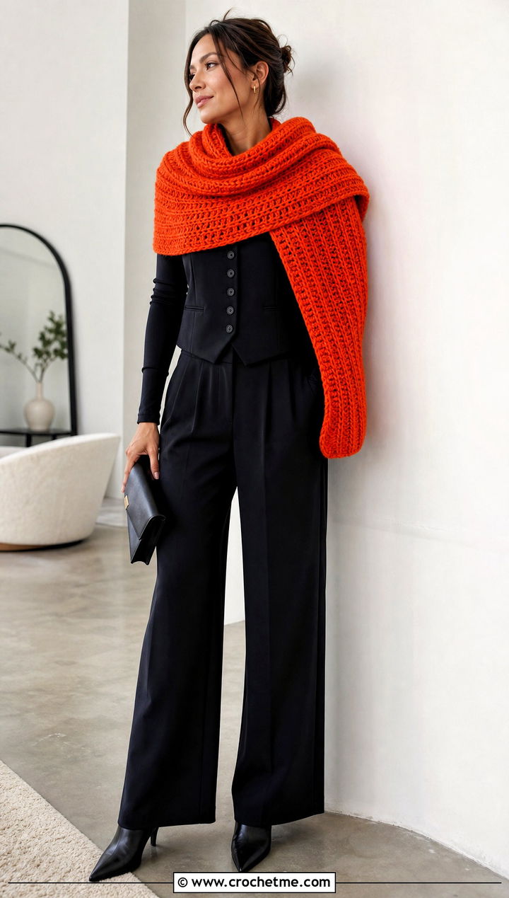 Bulky Crochet Wrap Scarf With Tailored Vest - 30 bulky crochet scarf outfit ideas