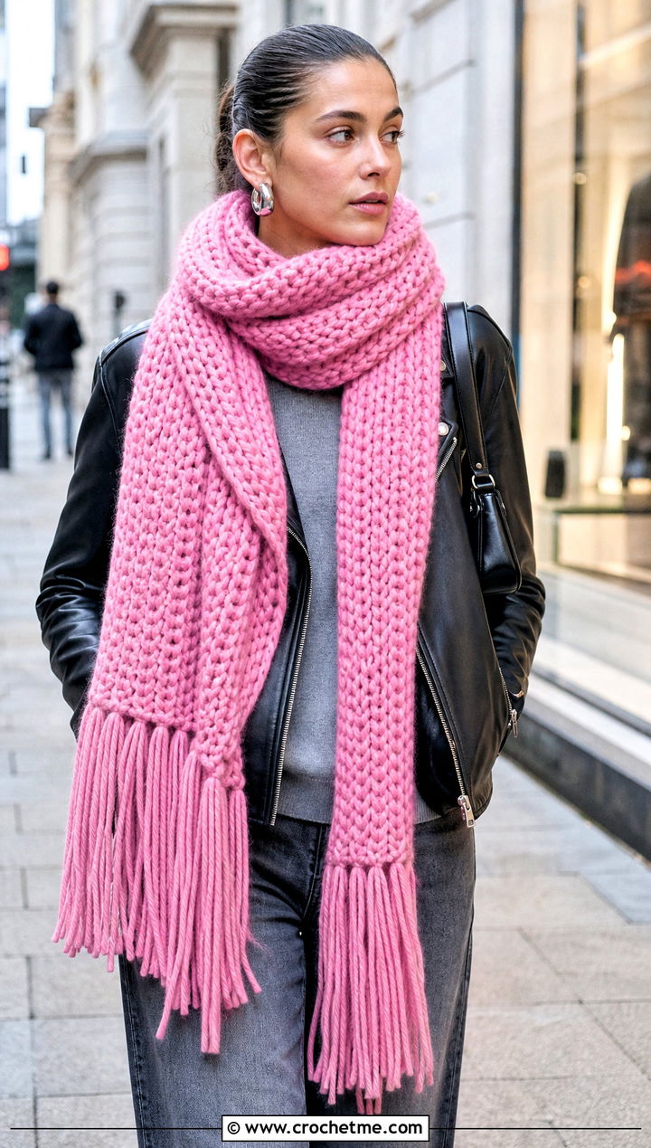 Bulky Fringe Crochet Scarf With Leather Jacket - 30 bulky yarn crochet scarf outfit ideas