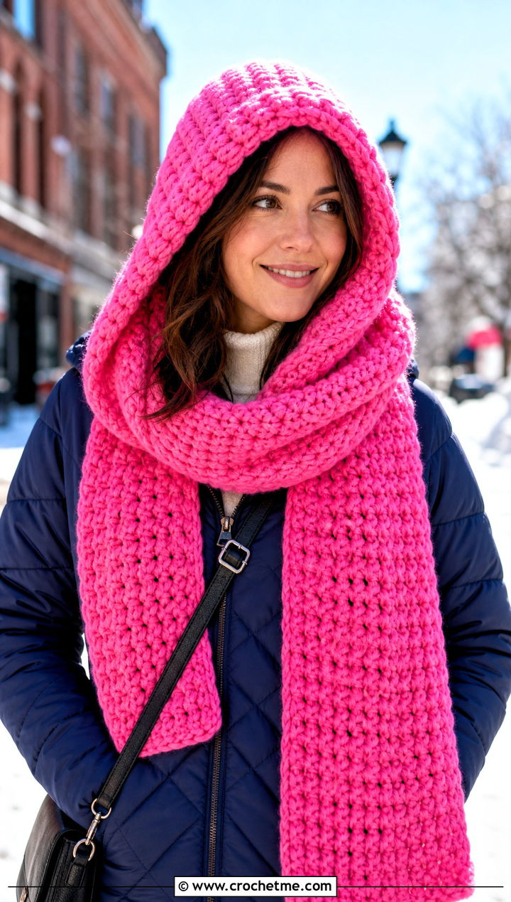 Bulky Hooded Crochet Scarf With Quilted Coat - 30 bulky yarn crochet scarf outfit ideas