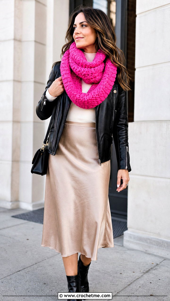 Bulky Infinity Crochet Scarf With Leather Jacket - 30 bulky crochet scarf outfit ideas