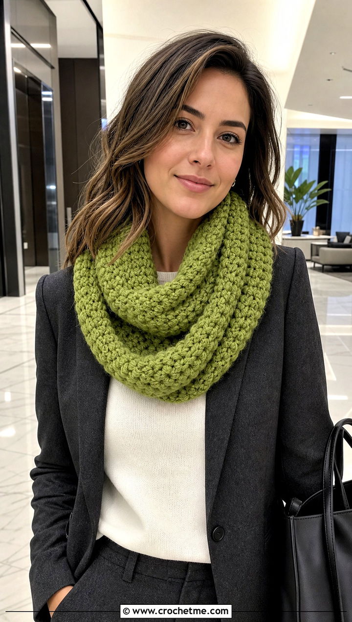 Bulky Infinity Crochet Scarf With Trouser Suit - 15 Crochet For Scarves Using Bulky Yarn outfit ideas