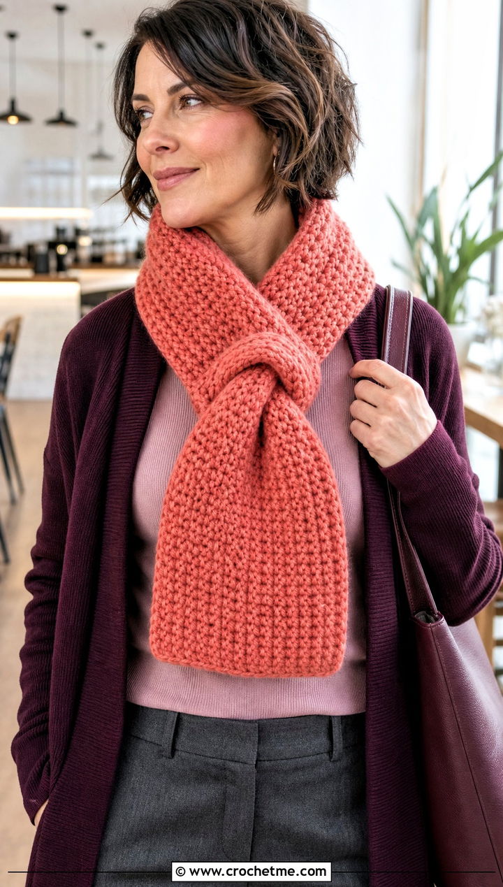 Bulky Keyhole Crochet Scarf With Cardigan - 30 bulky yarn crochet scarf outfit ideas