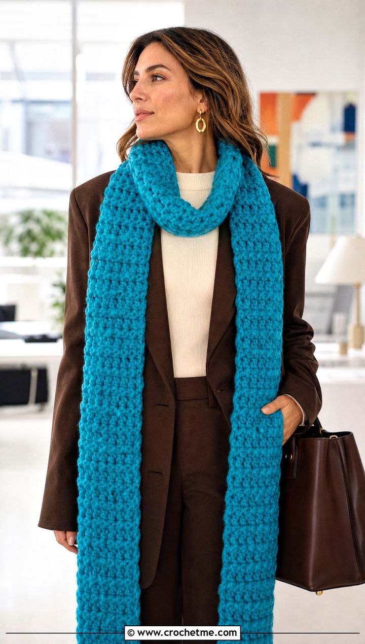 Bulky Longline Crochet Scarf With Pantsuit - 30 bulky yarn crochet scarf outfit ideas