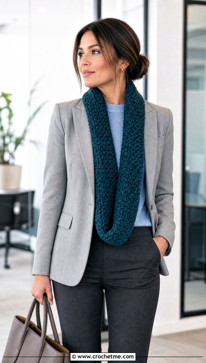 Bulky Moss Stitch Crochet Scarf With Blazer - 30 bulky yarn crochet scarf outfit ideas