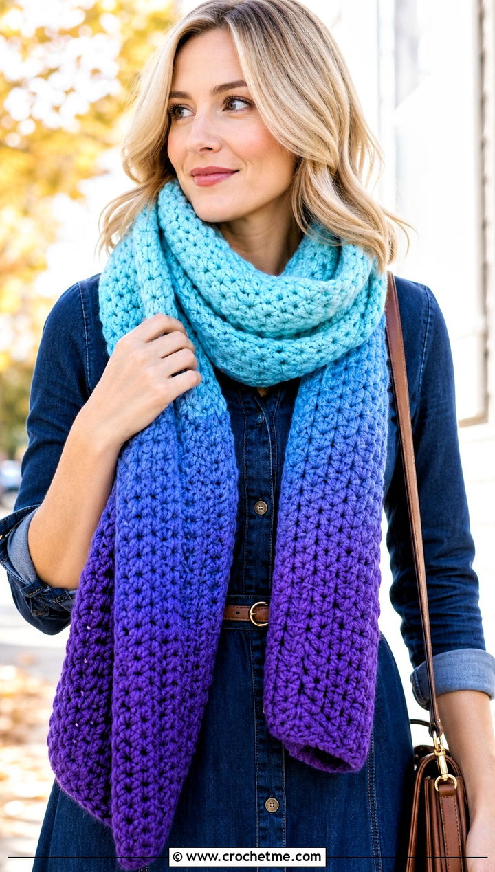 Bulky Ombre Crochet Scarf With Denim Dress - 30 bulky yarn crochet scarf outfit ideas