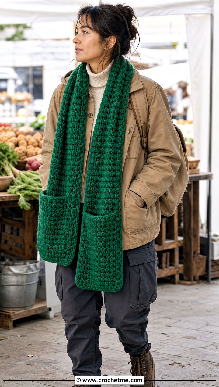 Bulky Pocket Crochet Scarf With Chore Coat - 30 bulky crochet scarf outfit ideas