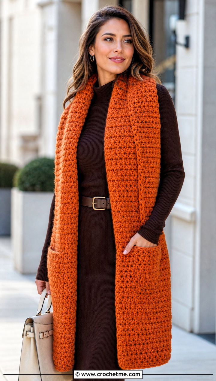 Bulky Pocket Crochet Scarf With Sweater Dress - 15 Crochet For Scarves Using Bulky Yarn outfit ideas