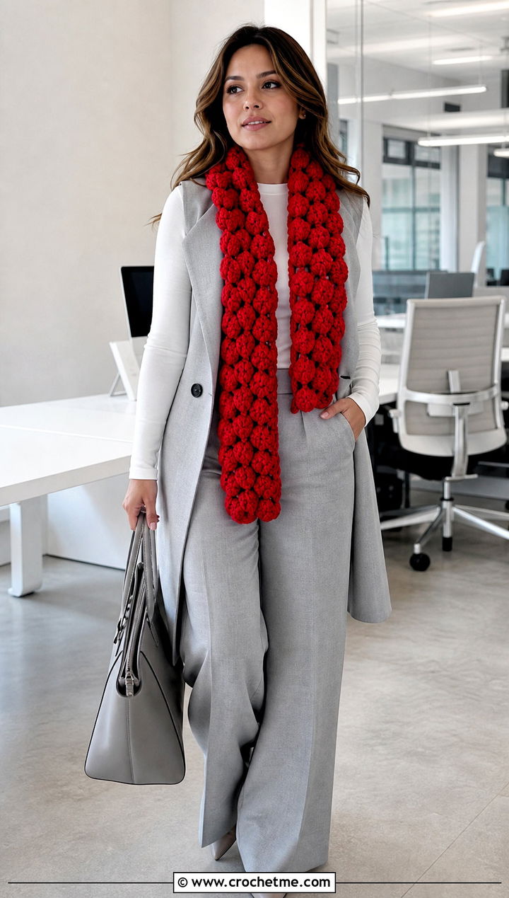 Bulky Puff Stitch Crochet Scarf With Tailored Vest - 30 bulky yarn crochet scarf outfit ideas