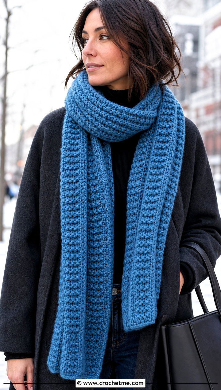 Bulky Ribbed Crochet Scarf With Wool Coat - 30 bulky yarn crochet scarf outfit ideas