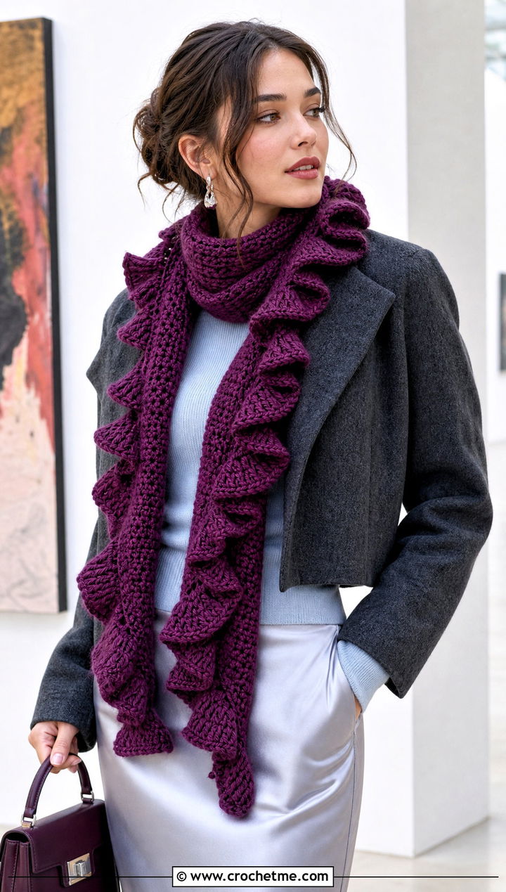 Bulky Ruffle Edge Crochet Scarf With Slip Skirt - 30 bulky yarn crochet scarf outfit ideas