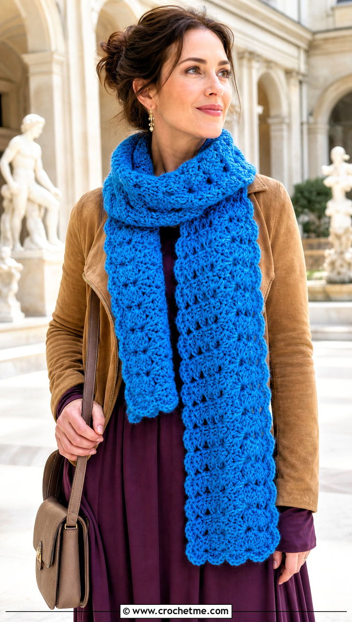 Bulky Shell Stitch Crochet Scarf With Maxi Dress - 30 bulky yarn crochet scarf outfit ideas
