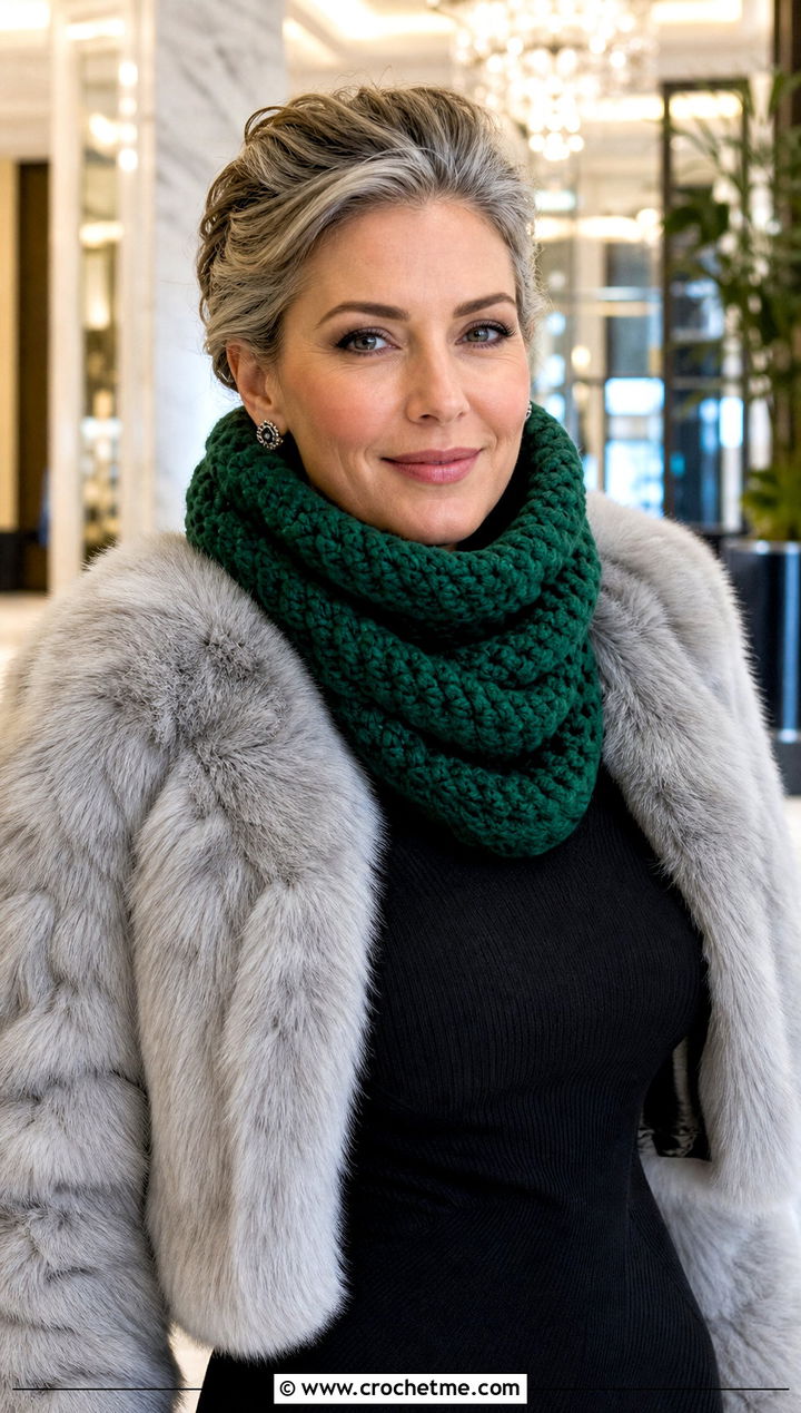 Bulky Snood Crochet Scarf With Faux Fur Jacket - 30 bulky yarn crochet scarf outfit ideas