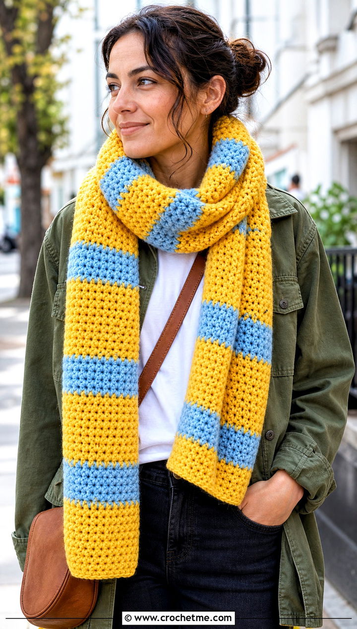 Bulky Striped Crochet Scarf With Utility Jacket - 30 bulky yarn crochet scarf outfit ideas