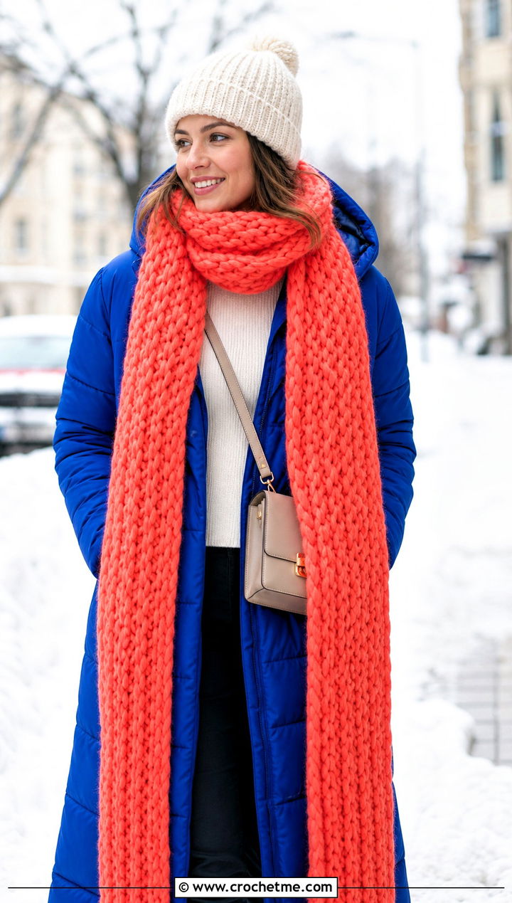 Bulky Super Scarf With Long Puffer Coat - 30 bulky yarn crochet scarf outfit ideas