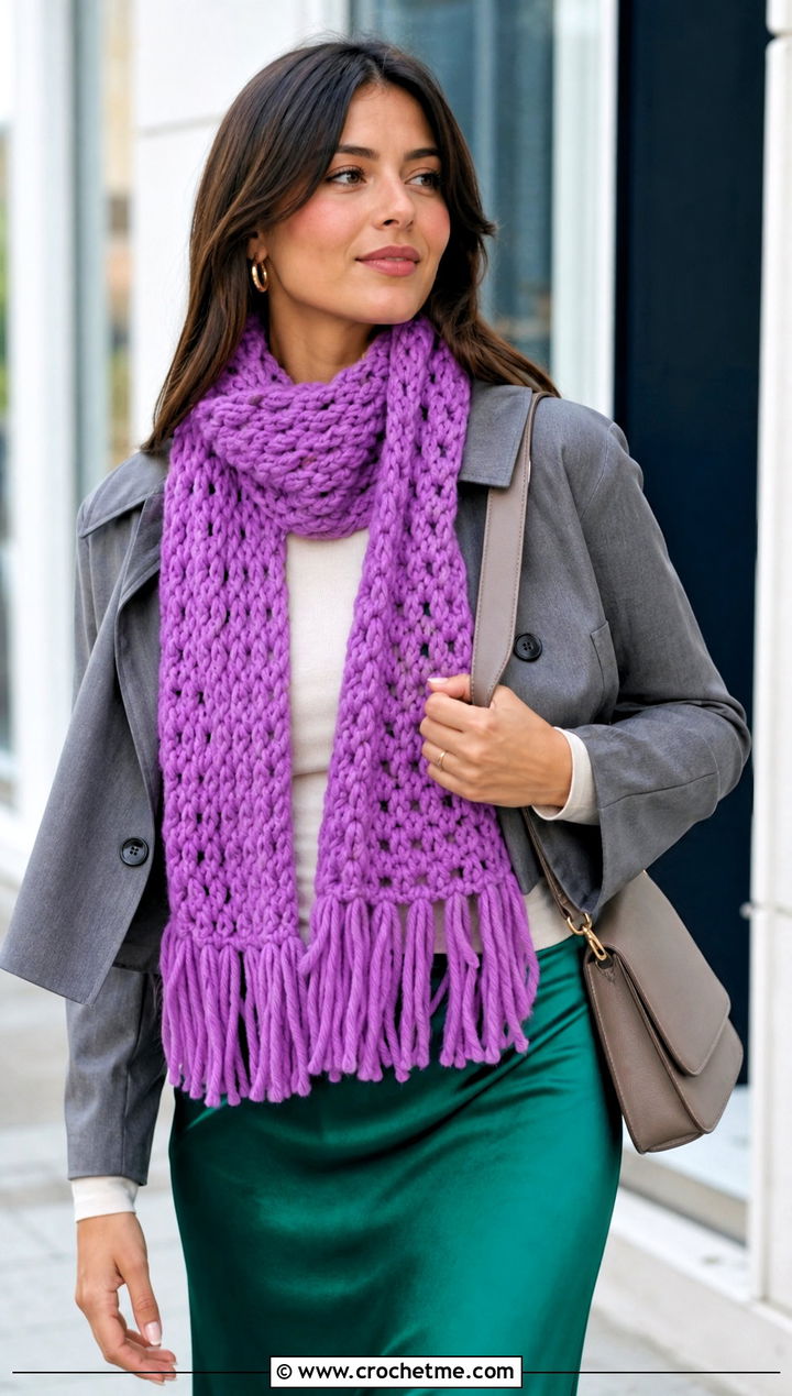 Bulky Tassel Crochet Scarf With Midi Skirt - 30 bulky yarn crochet scarf outfit ideas