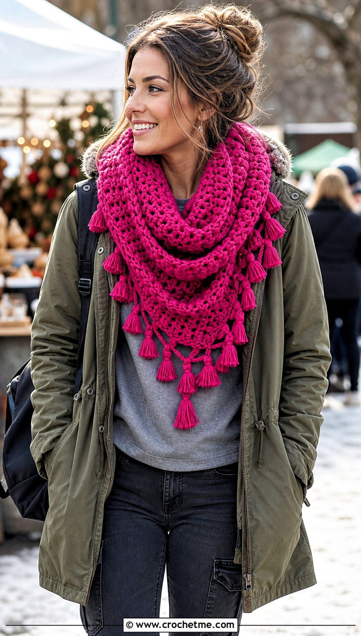 Bulky Tasseled Infinity Crochet Scarf With Parka - 30 bulky yarn crochet scarf outfit ideas