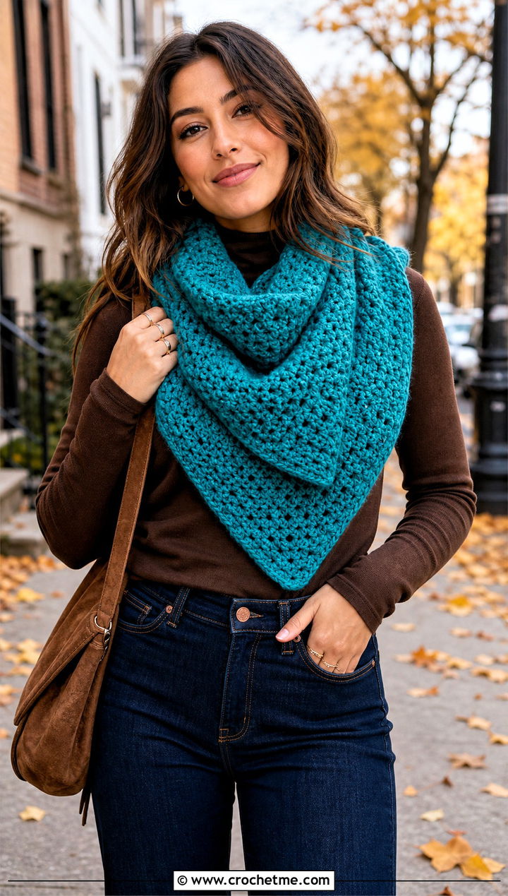 Bulky Triangle Crochet Scarf With Flared Jeans - 15 Crochet For Scarves Using Bulky Yarn outfit ideas