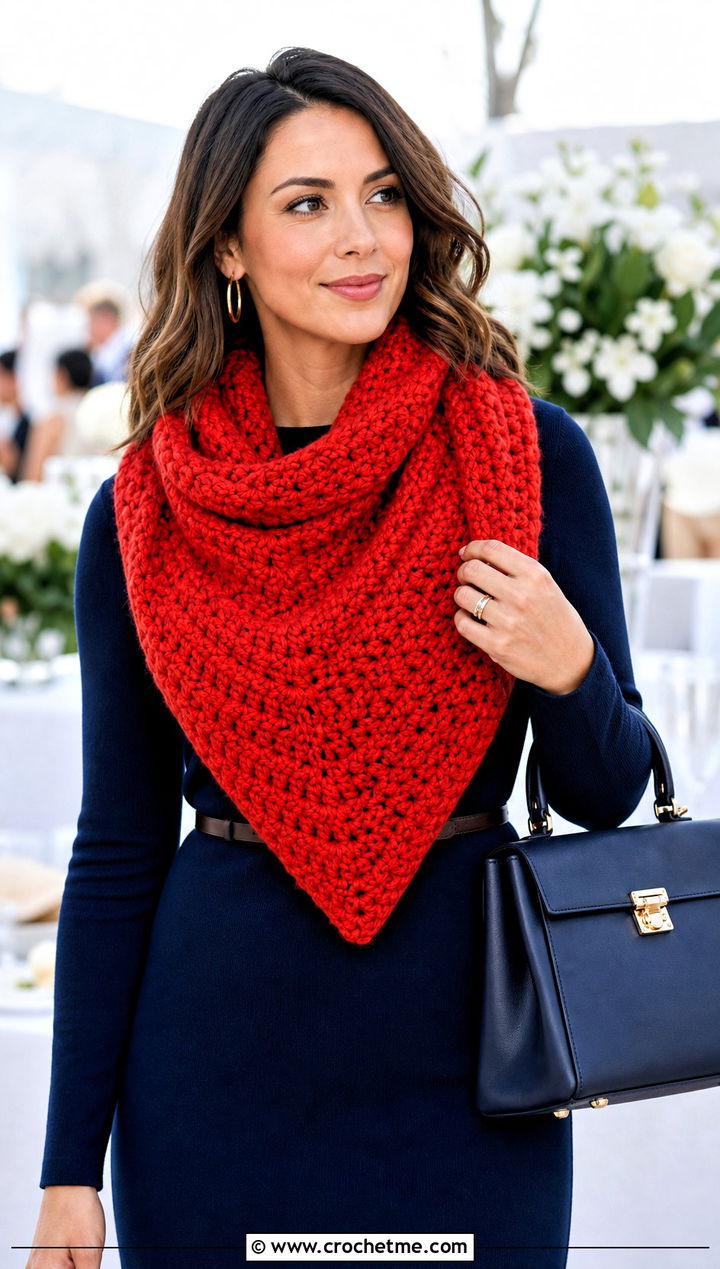 Bulky Triangle Crochet Scarf With Sweater Dress - 30 bulky yarn crochet scarf outfit ideas