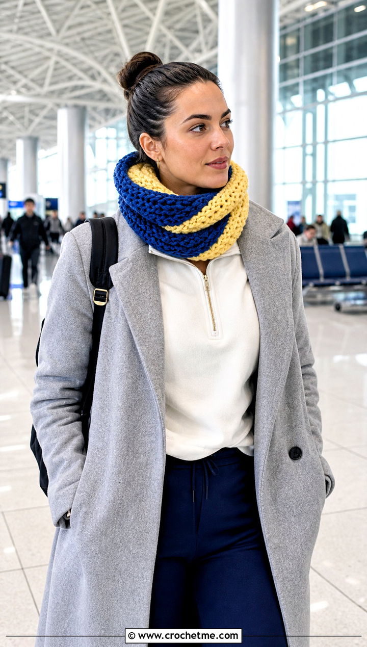 Bulky Two Tone Crochet Cowl With Track Pants - 30 bulky yarn crochet scarf outfit ideas