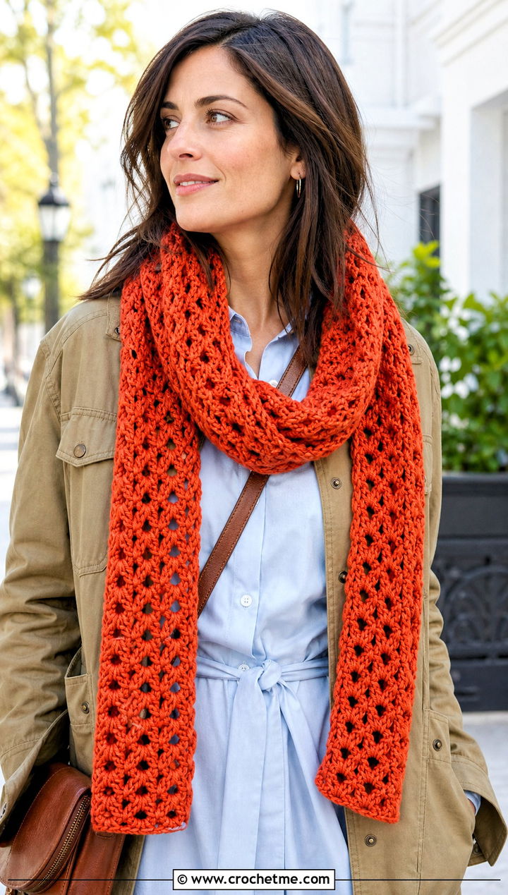 Bulky V Stitch Crochet Scarf With Shirt Dress - 15 Crochet For Scarves Using Bulky Yarn outfit ideas