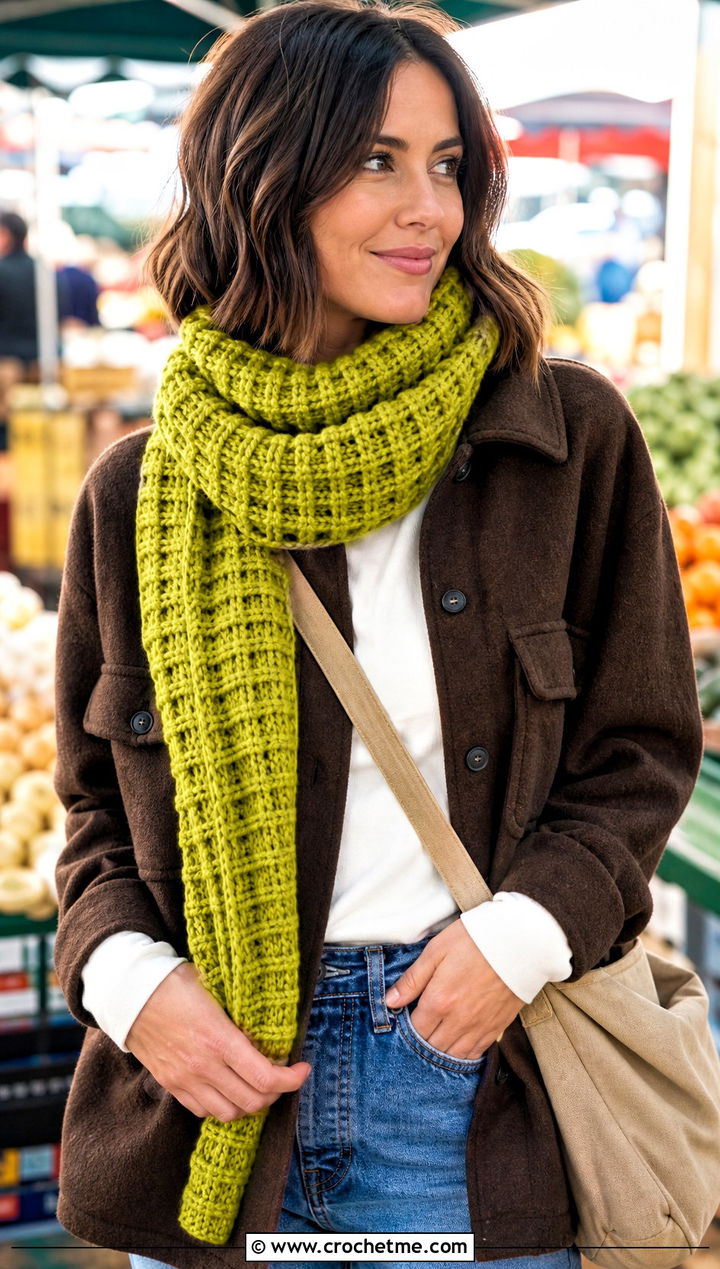 Bulky Waffle Stitch Crochet Scarf With Shacket - 30 bulky yarn crochet scarf outfit ideas
