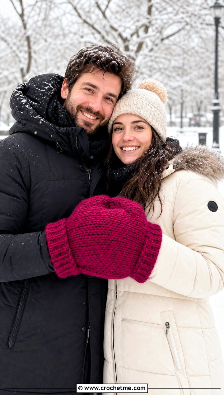Bulky Wool Couple Mittens With Snow Outfits - 25 crochet couple mittens outfit ideas