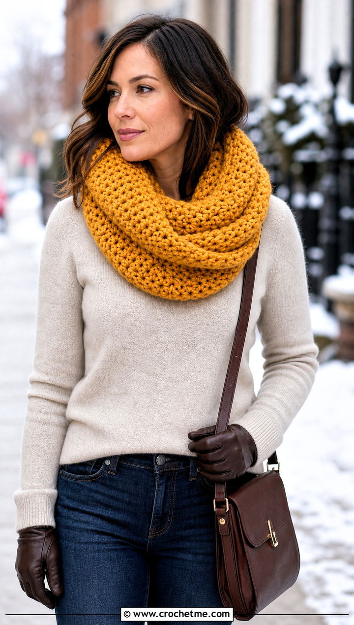 Bulky Wool Crocheted Infinity Scarf With Sweater And Jeans - 25 Crocheted Infinity Scarf outfit ideas