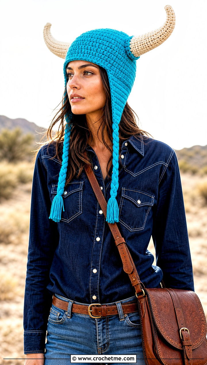 Bull Horn Earflap Hat With Western Shirt - 30 crochet hat with horns outfit ideas