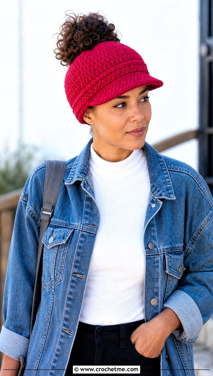 Bun Double Brim Crochet Hat With Denim Jacket - 20 Double Brim Crochet Hat outfit ideas