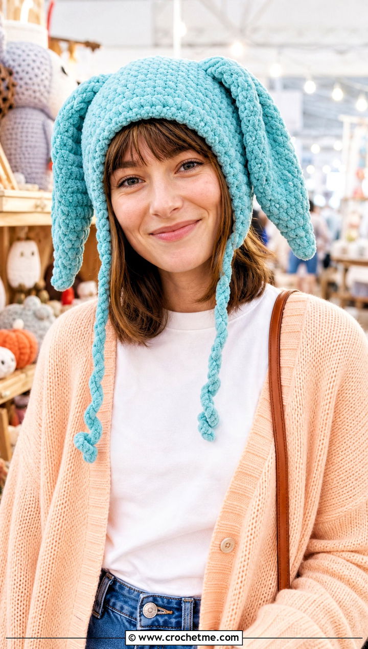 Bunny Ear Chenille Bonnet With Cardigan And Jeans - 30 crochet chenille hat outfit ideas