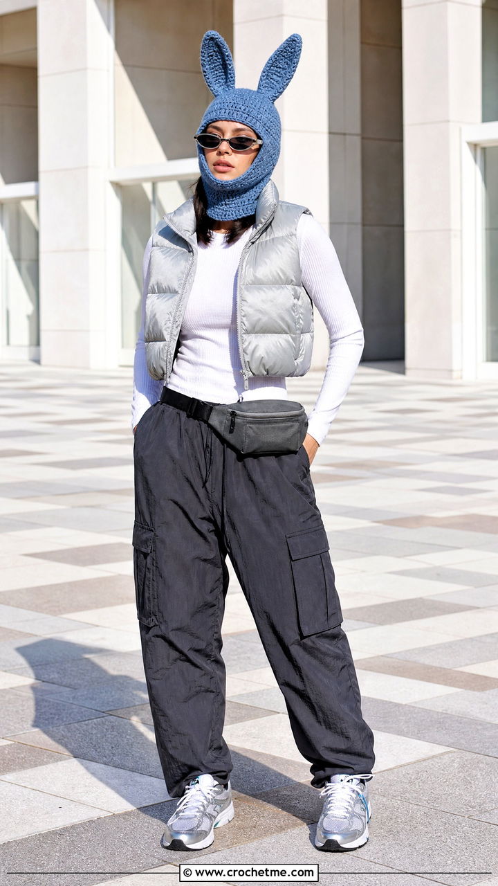 Bunny Ear Crochet Balaclava With Puffer Vest - 35 crochet baclava hat outfit ideas