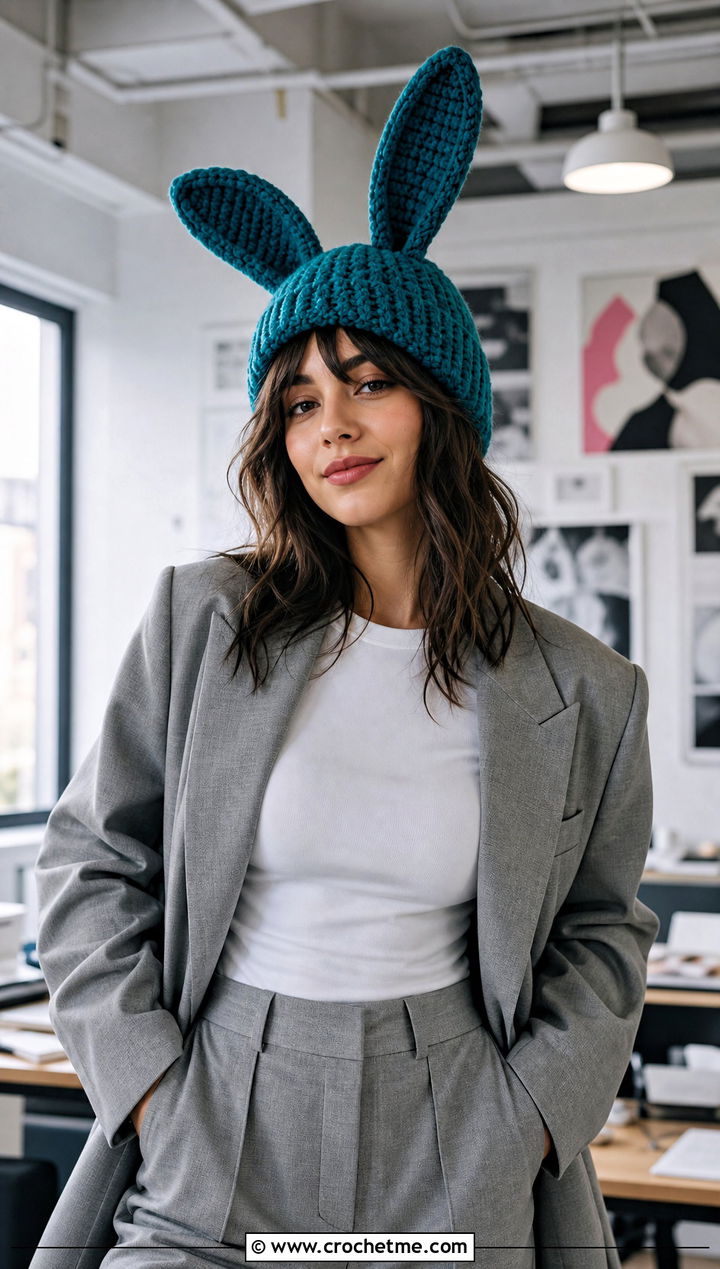 Bunny Ear Crochet Beanie With A Tailored Suit - 30 funny crochet hat outfit ideas