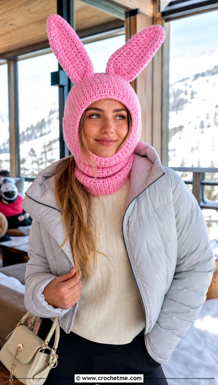 Bunny Ear Crochet Ski Helmet Balaclava With Apres Ski Knitwear - 15 crochet ski helmet balaclava outfit ideas