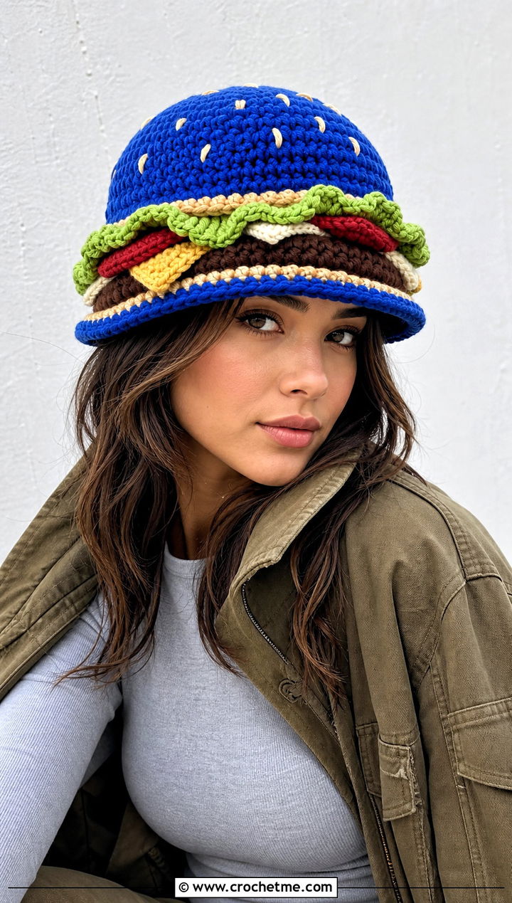 Burger Crochet Hat With Cargo Pants - 30 crochet funny hats outfit ideas